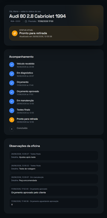 Tela do acompanhamento do cliente mostrando status do veículo e linha do tempo